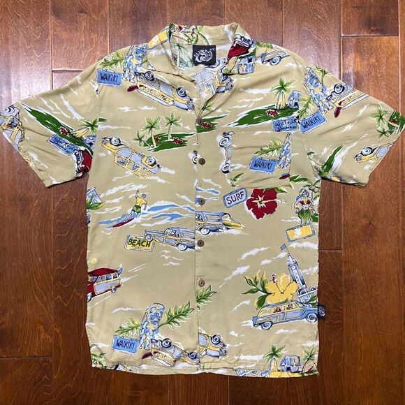 Uluwatu Casual Hawaiian Surf Beach Tan Multicolored Button Front Shirt Men's M - Picture 3 of 10